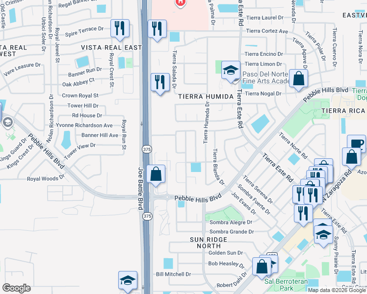 map of restaurants, bars, coffee shops, grocery stores, and more near 2349 Hannah Leigh Street in El Paso