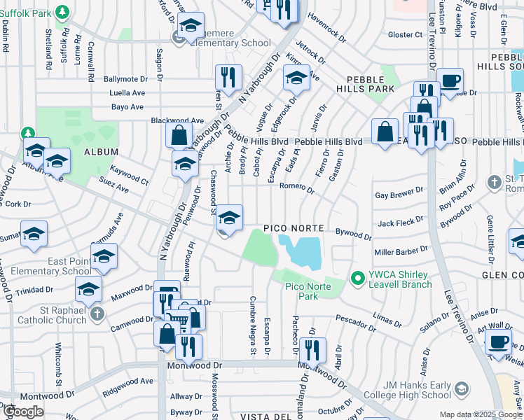 map of restaurants, bars, coffee shops, grocery stores, and more near 2800 Cabot Place in El Paso