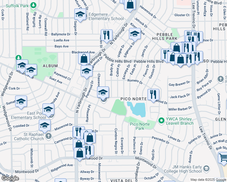 map of restaurants, bars, coffee shops, grocery stores, and more near 2801 Brady Place in El Paso