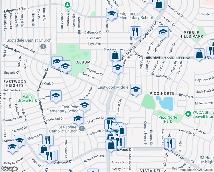 map of restaurants, bars, coffee shops, grocery stores, and more near 2655 North Yarbrough Drive in El Paso