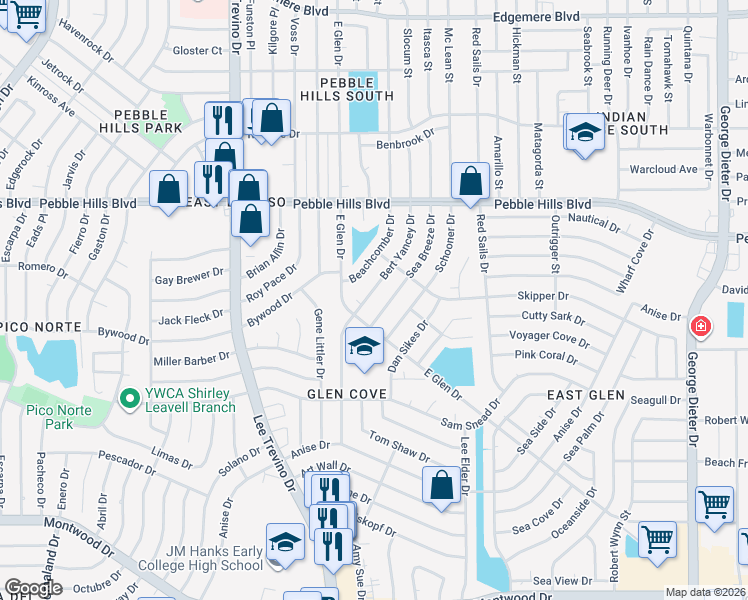 map of restaurants, bars, coffee shops, grocery stores, and more near 2724 Bert Yancey Drive in El Paso