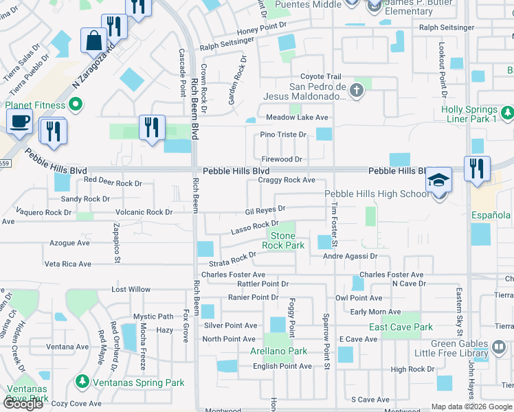 map of restaurants, bars, coffee shops, grocery stores, and more near 2805 Pasillo Rock Place in El Paso
