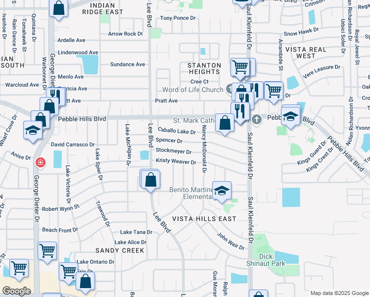 map of restaurants, bars, coffee shops, grocery stores, and more near 11576 Spencer Drive in El Paso