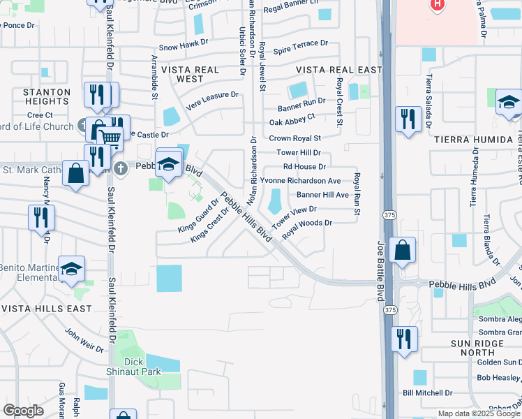 map of restaurants, bars, coffee shops, grocery stores, and more near 2923 Royal Knoll Drive in El Paso