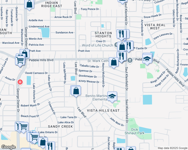 map of restaurants, bars, coffee shops, grocery stores, and more near 11576 Spencer Drive in El Paso