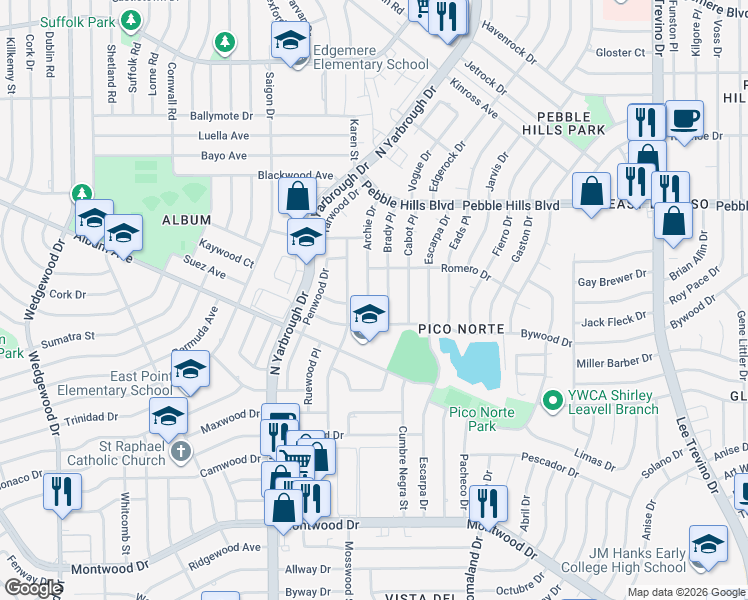 map of restaurants, bars, coffee shops, grocery stores, and more near 2801 Brady Place in El Paso
