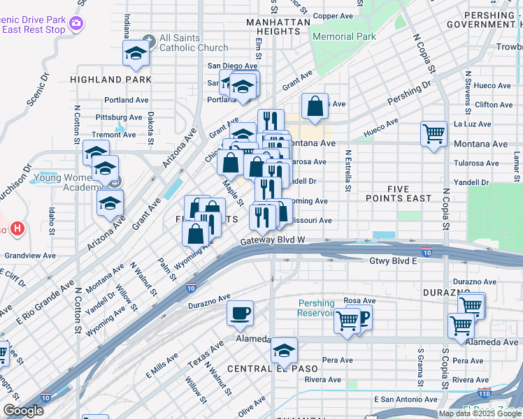 map of restaurants, bars, coffee shops, grocery stores, and more near 2716 Wyoming Avenue in El Paso