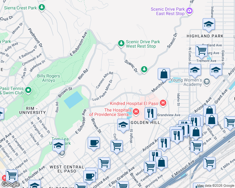 map of restaurants, bars, coffee shops, grocery stores, and more near 1425 Murchison Drive in El Paso