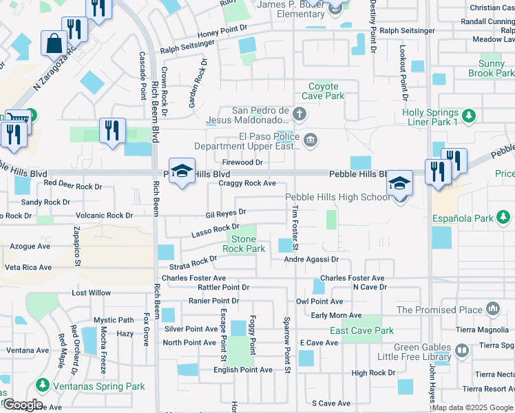 map of restaurants, bars, coffee shops, grocery stores, and more near 14259 Gil Reyes Drive in El Paso