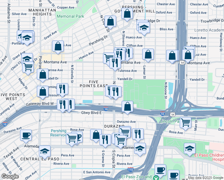 map of restaurants, bars, coffee shops, grocery stores, and more near 3606 Wyoming Avenue in El Paso