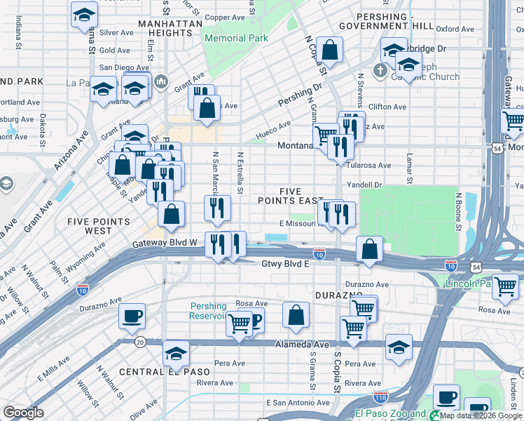 map of restaurants, bars, coffee shops, grocery stores, and more near 3304 Wyoming Avenue in El Paso
