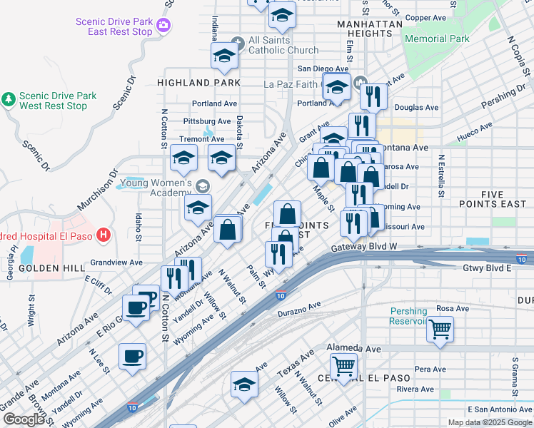 map of restaurants, bars, coffee shops, grocery stores, and more near 2500 Pershing Drive in El Paso