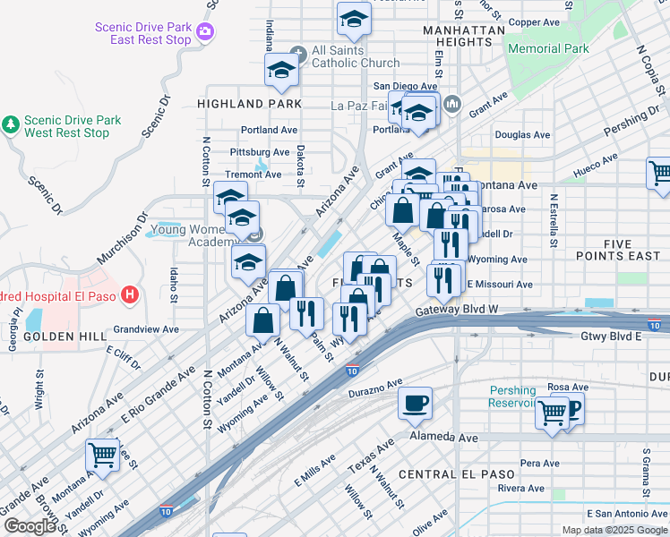 map of restaurants, bars, coffee shops, grocery stores, and more near 2500 Pershing Drive in El Paso