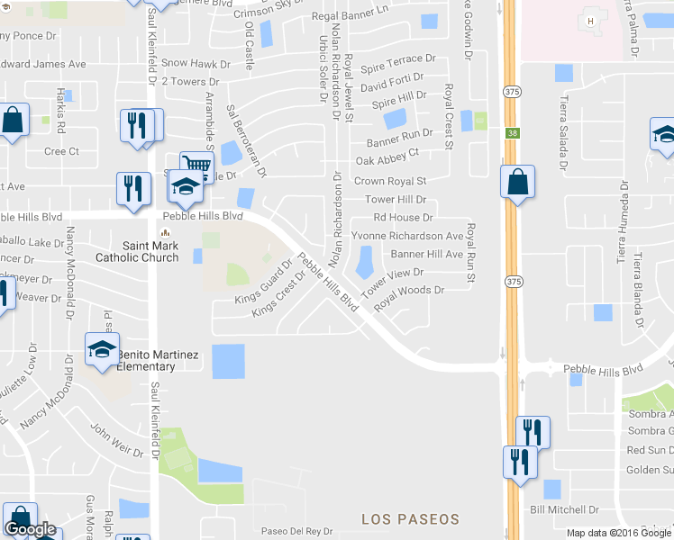 map of restaurants, bars, coffee shops, grocery stores, and more near 2923 Royal Knoll Drive in El Paso