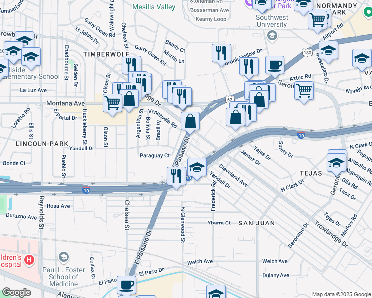 map of restaurants, bars, coffee shops, grocery stores, and more near 5710 East Paisano Drive in El Paso