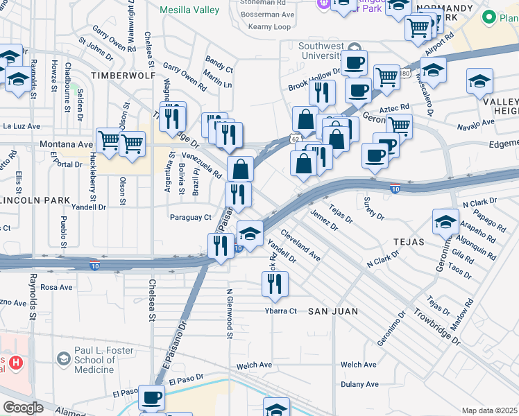 map of restaurants, bars, coffee shops, grocery stores, and more near 5731 Cleveland Avenue in El Paso