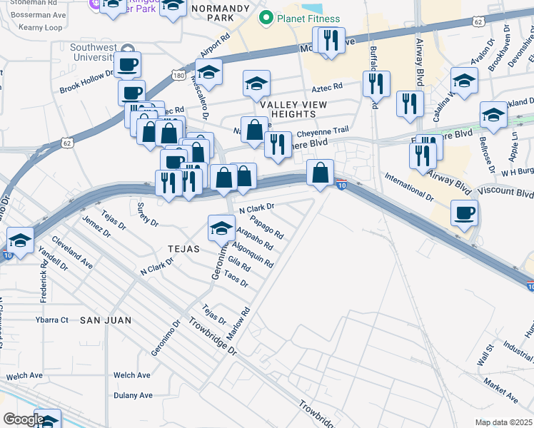 map of restaurants, bars, coffee shops, grocery stores, and more near 6211 Cibola Court in El Paso
