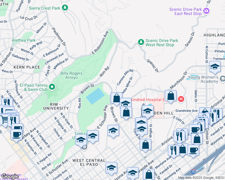 map of restaurants, bars, coffee shops, grocery stores, and more near 1901 Brown Street in El Paso