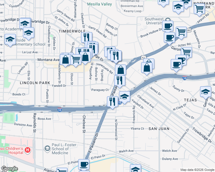 map of restaurants, bars, coffee shops, grocery stores, and more near 5600 Yandell Drive in El Paso