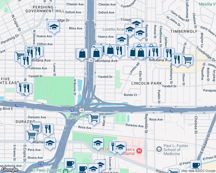 map of restaurants, bars, coffee shops, grocery stores, and more near 4410 Wyoming Avenue in El Paso