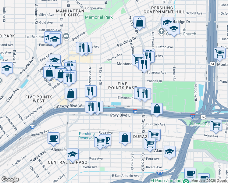 map of restaurants, bars, coffee shops, grocery stores, and more near 3304 Wyoming Avenue in El Paso