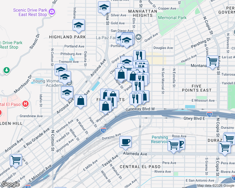 map of restaurants, bars, coffee shops, grocery stores, and more near in El Paso