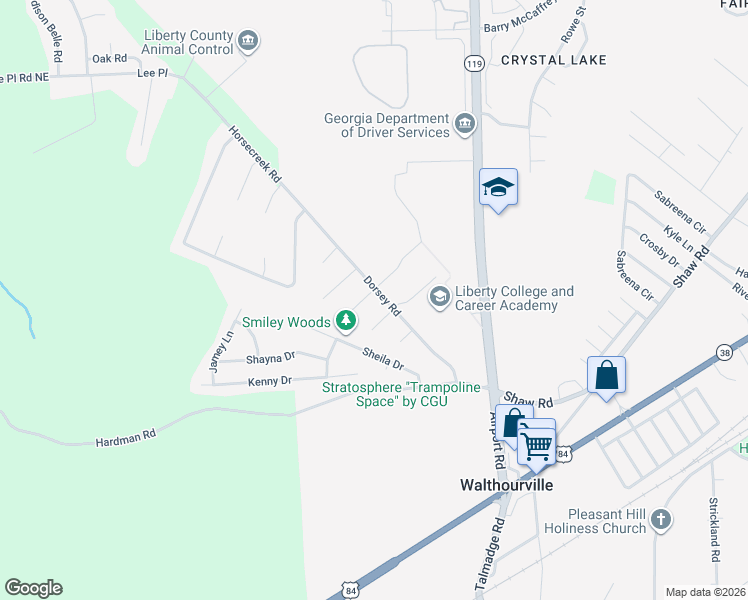 map of restaurants, bars, coffee shops, grocery stores, and more near 16 Kelly Lane in Hinesville