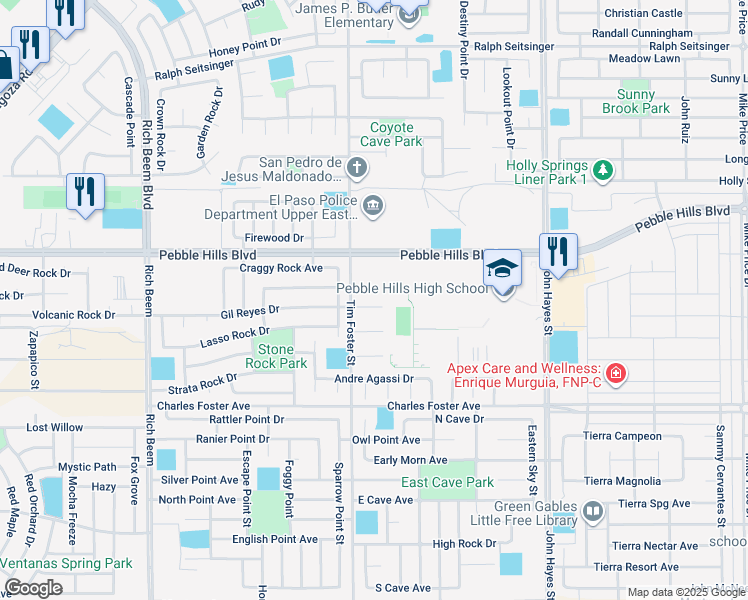 map of restaurants, bars, coffee shops, grocery stores, and more near 14309 Gil Reyes Drive in El Paso