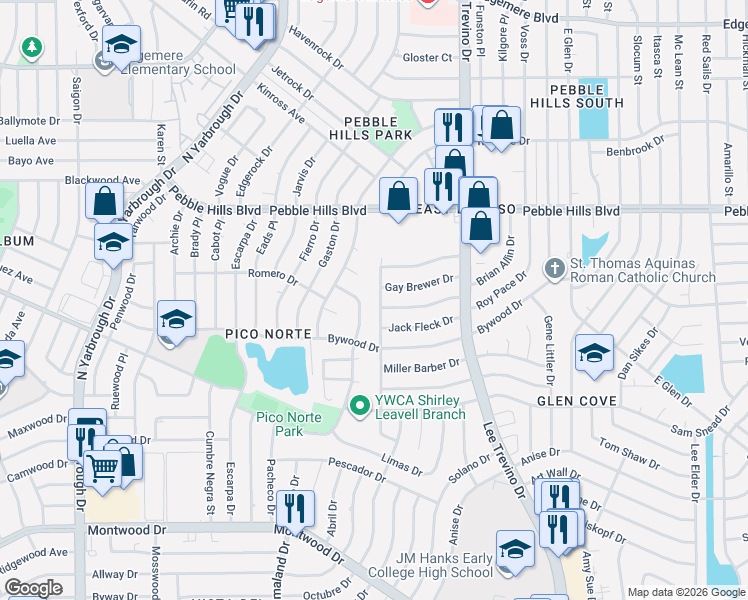 map of restaurants, bars, coffee shops, grocery stores, and more near 10824 Pico Norte Road in El Paso