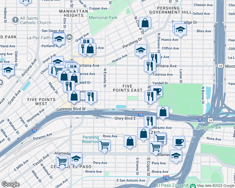 map of restaurants, bars, coffee shops, grocery stores, and more near 3304 Wyoming Avenue in El Paso