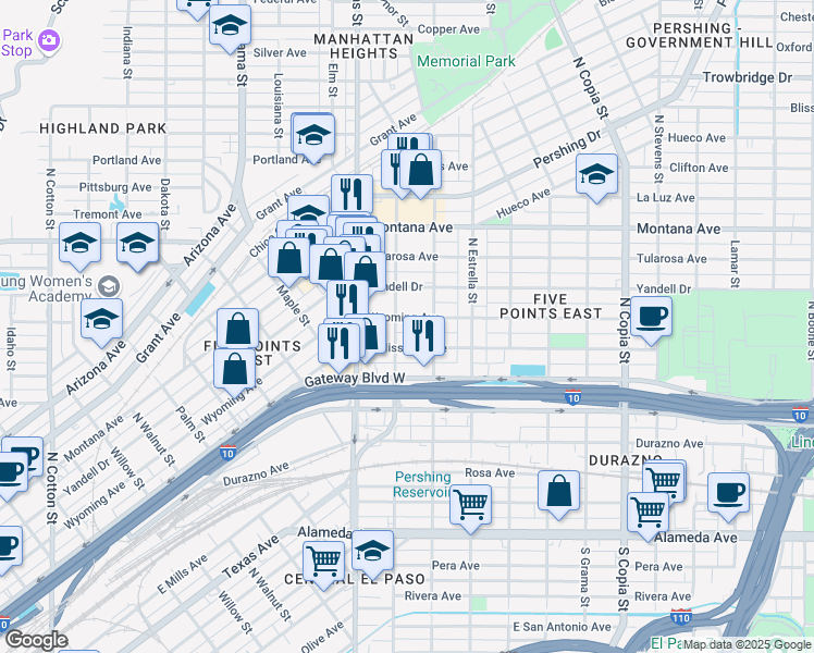 map of restaurants, bars, coffee shops, grocery stores, and more near 3008 Wyoming Avenue in El Paso