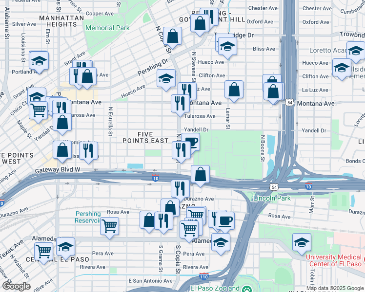 map of restaurants, bars, coffee shops, grocery stores, and more near 3606 Wyoming Avenue in El Paso