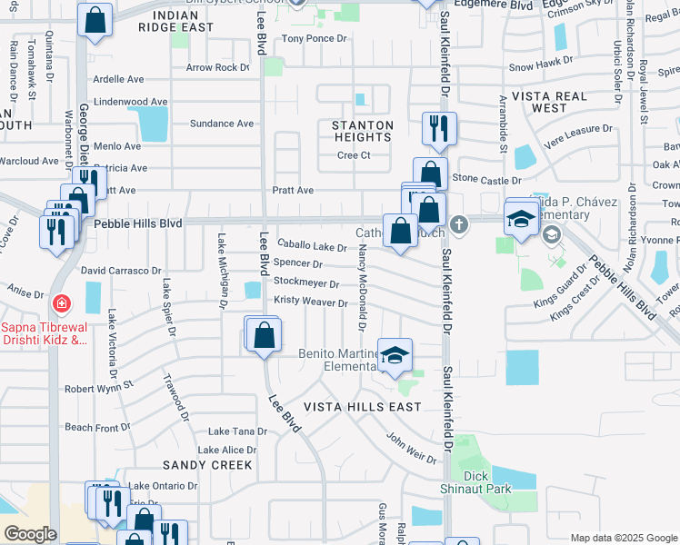 map of restaurants, bars, coffee shops, grocery stores, and more near 11576 Spencer Dr in El Paso