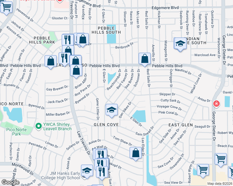 map of restaurants, bars, coffee shops, grocery stores, and more near 2724 Bert Yancey Drive in El Paso