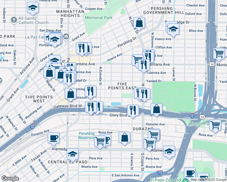map of restaurants, bars, coffee shops, grocery stores, and more near 3304 Wyoming Avenue in El Paso