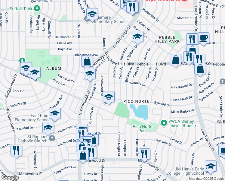 map of restaurants, bars, coffee shops, grocery stores, and more near 2801 Brady Place in El Paso