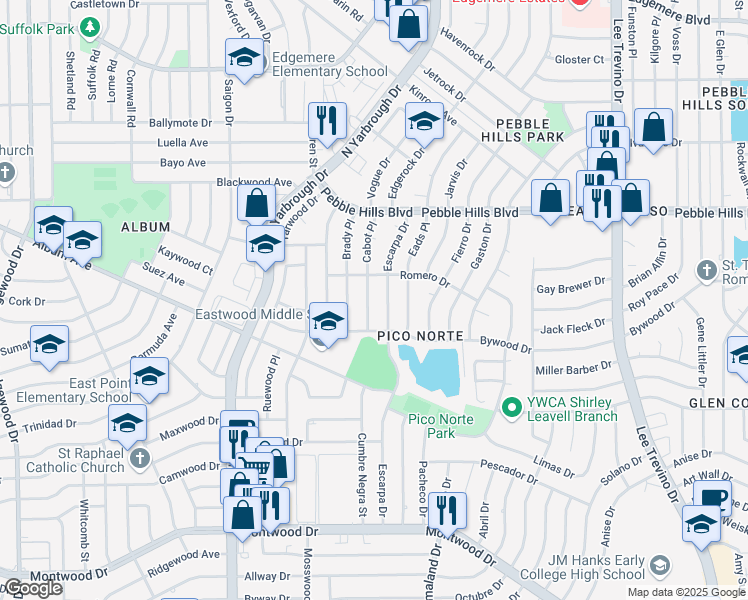 map of restaurants, bars, coffee shops, grocery stores, and more near 2800 Cabot Place in El Paso