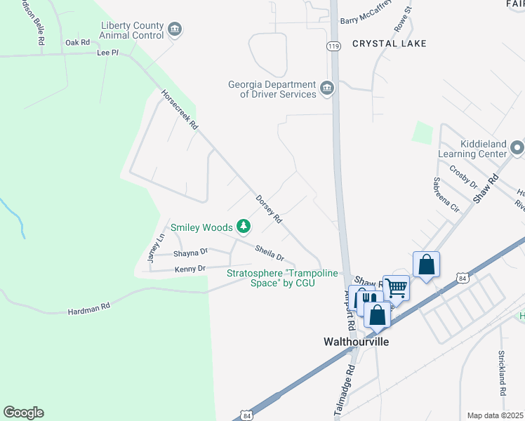 map of restaurants, bars, coffee shops, grocery stores, and more near 16 Kelly Lane in Hinesville