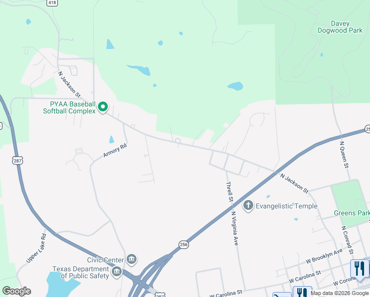 map of restaurants, bars, coffee shops, grocery stores, and more near 2617 North Jackson Street in Palestine