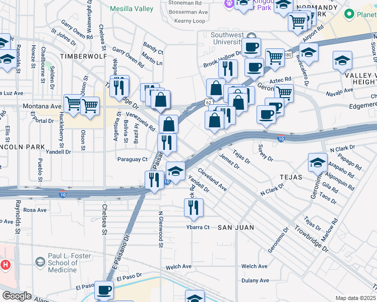 map of restaurants, bars, coffee shops, grocery stores, and more near 5731 Cleveland Avenue in El Paso