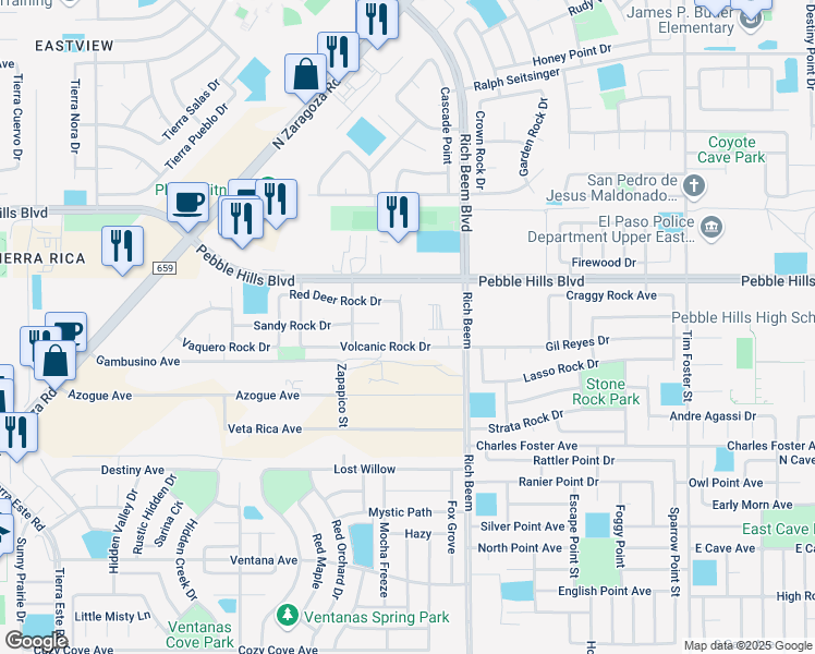 map of restaurants, bars, coffee shops, grocery stores, and more near 2816 Talking Rock Place in El Paso