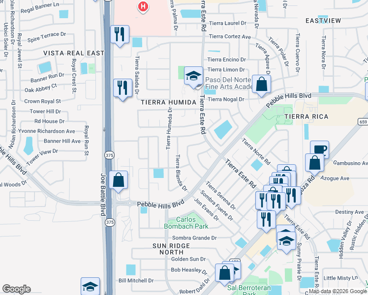 map of restaurants, bars, coffee shops, grocery stores, and more near 2363 Tierra Serena Road in El Paso
