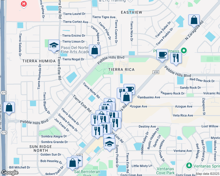 map of restaurants, bars, coffee shops, grocery stores, and more near 12613 Tierra Seca Way in El Paso