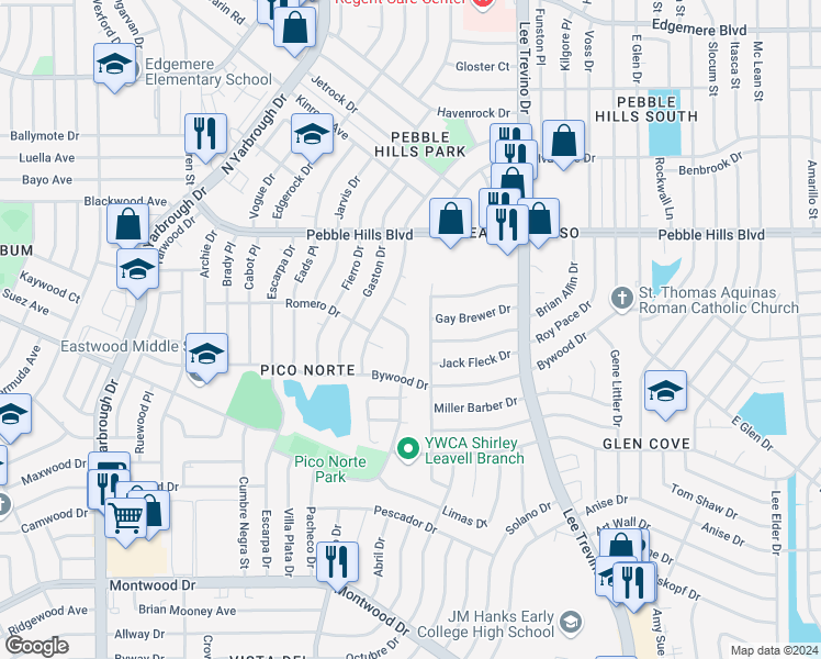 map of restaurants, bars, coffee shops, grocery stores, and more near 10824 Pico Norte Road in El Paso