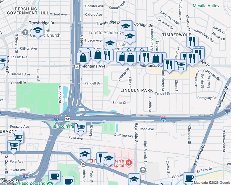 map of restaurants, bars, coffee shops, grocery stores, and more near 632 Loretto Road in El Paso