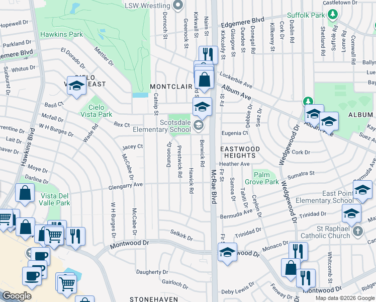 map of restaurants, bars, coffee shops, grocery stores, and more near 2800 Hawick Road in El Paso