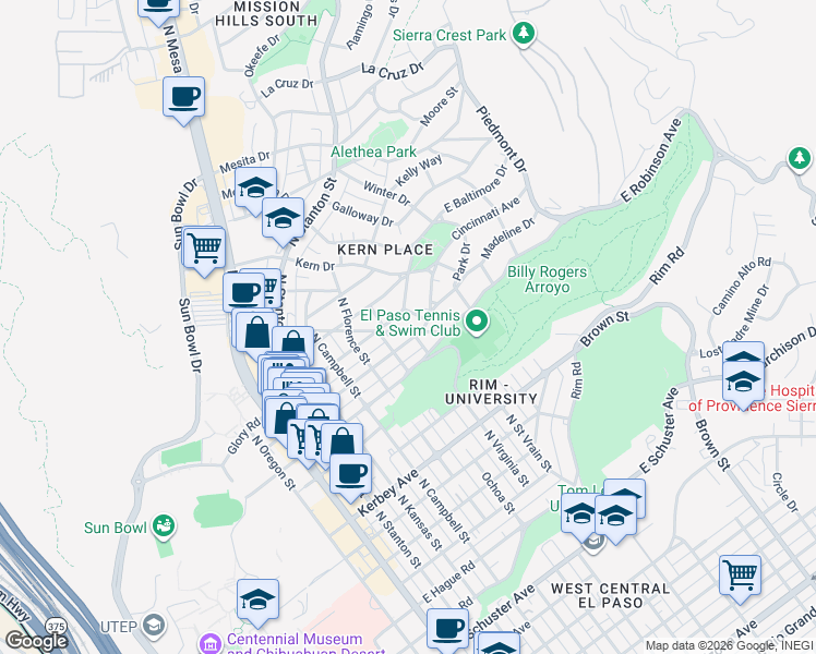 map of restaurants, bars, coffee shops, grocery stores, and more near 715 Cincinnati Avenue in El Paso