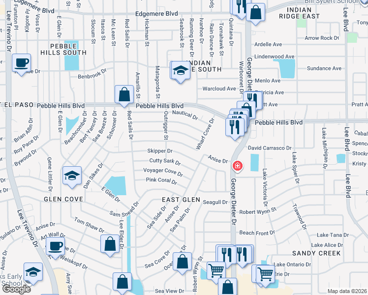 map of restaurants, bars, coffee shops, grocery stores, and more near 11176 Wharf Cove Drive in El Paso