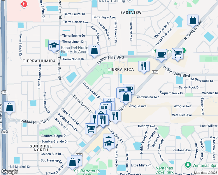 map of restaurants, bars, coffee shops, grocery stores, and more near 12613 Tierra Seca Way in El Paso