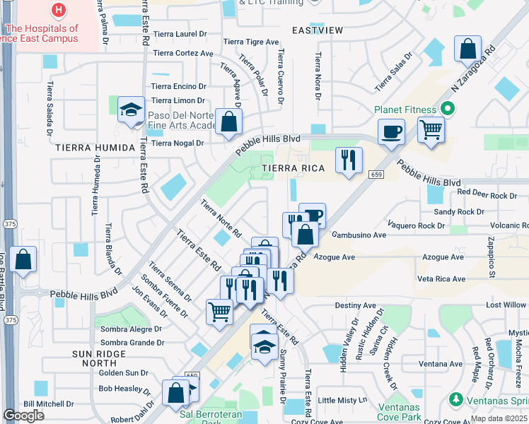 map of restaurants, bars, coffee shops, grocery stores, and more near 12613 Tierra Seca Way in El Paso